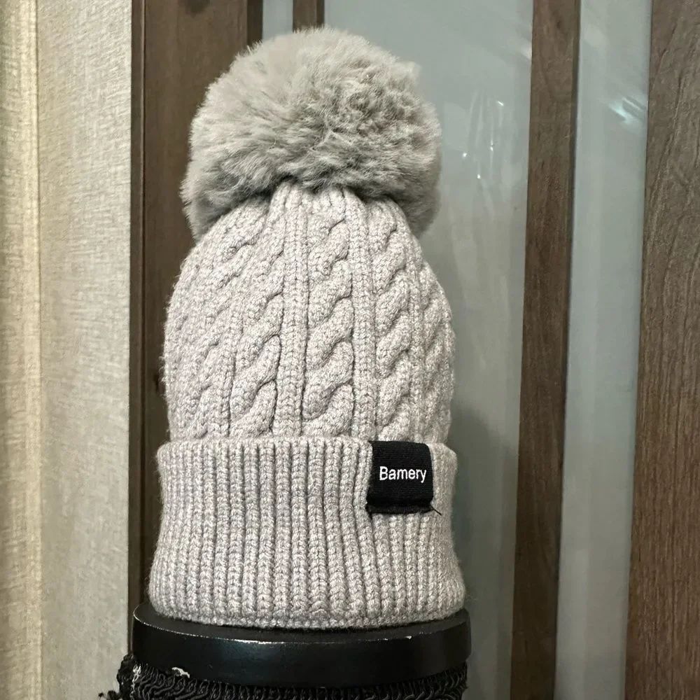 Bamery Gray Knit Pom-Pom Beanie for Kids